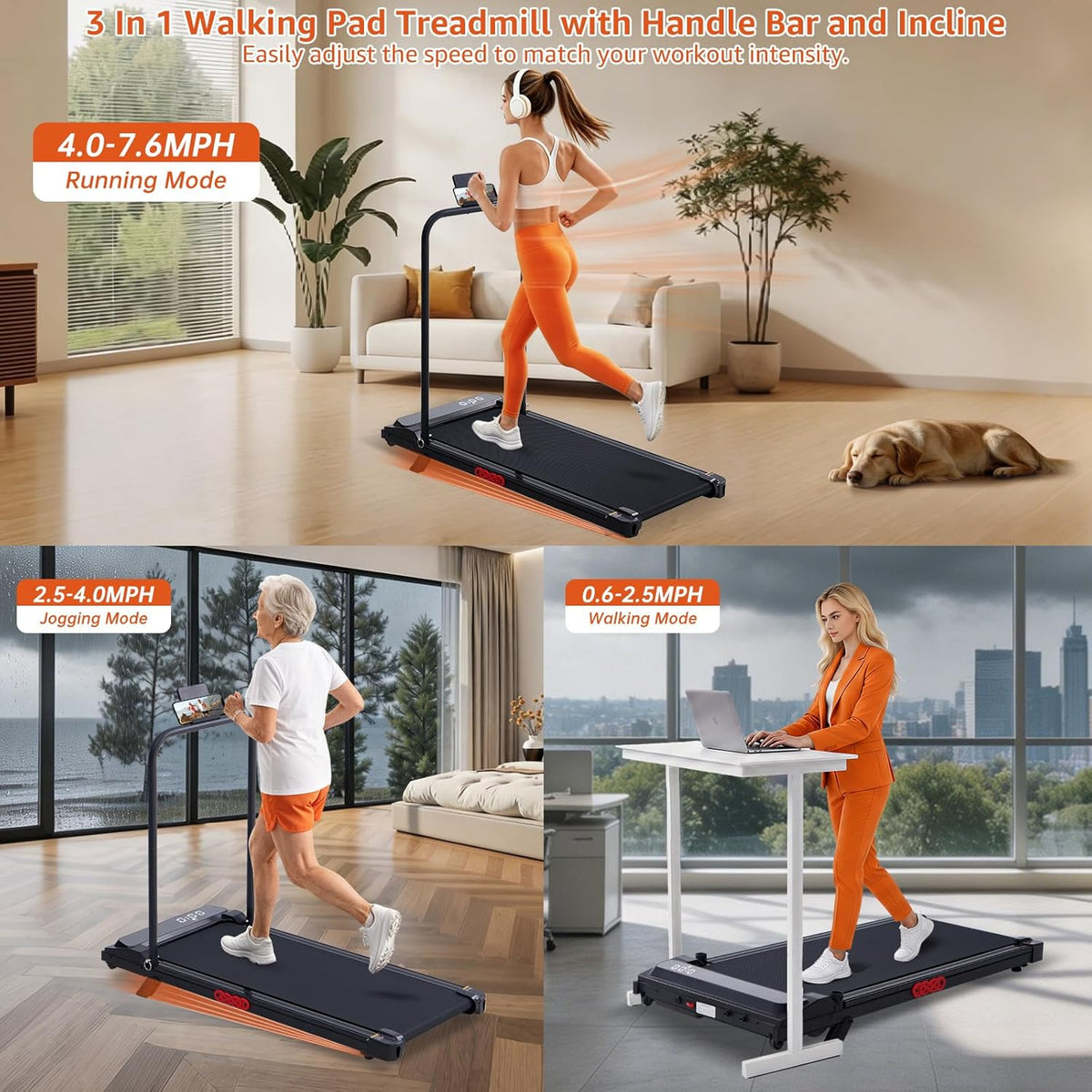 Small Walking Pad Treadmills with Handle Bar Incline for Home